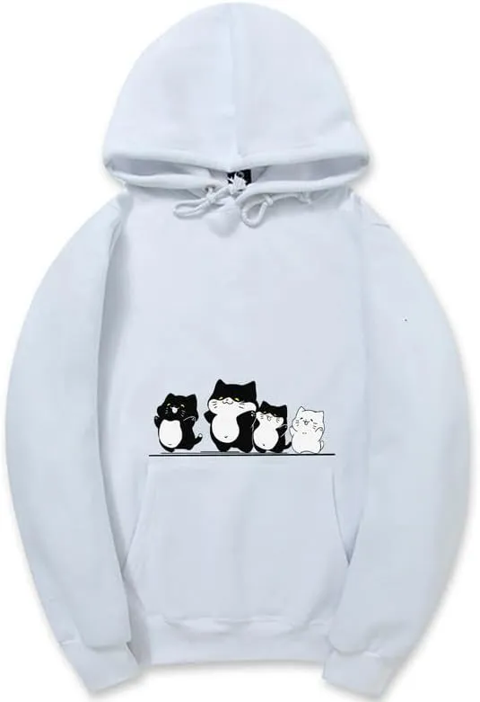 CORIRESHA Cute Cat Hoodie Drawstring Long Sleeve Kangaroo Pocket Simple Sweatshirt