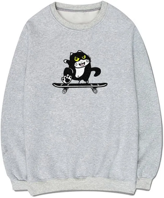 CORIRESHA Cute Cat Skateboard Crew Neck Long Sleeve Cotton Basic Pullover Sweatshirt