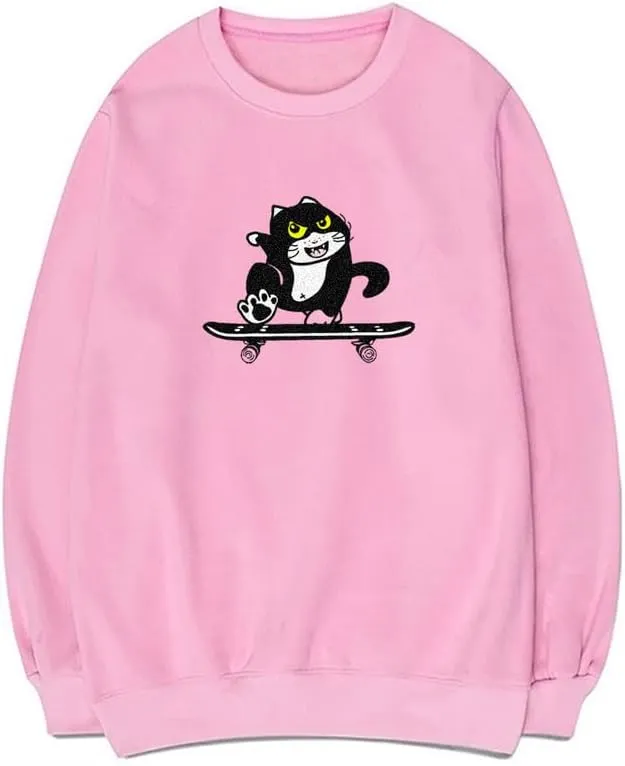 CORIRESHA Cute Cat Skateboard Crew Neck Long Sleeve Cotton Basic Pullover Sweatshirt