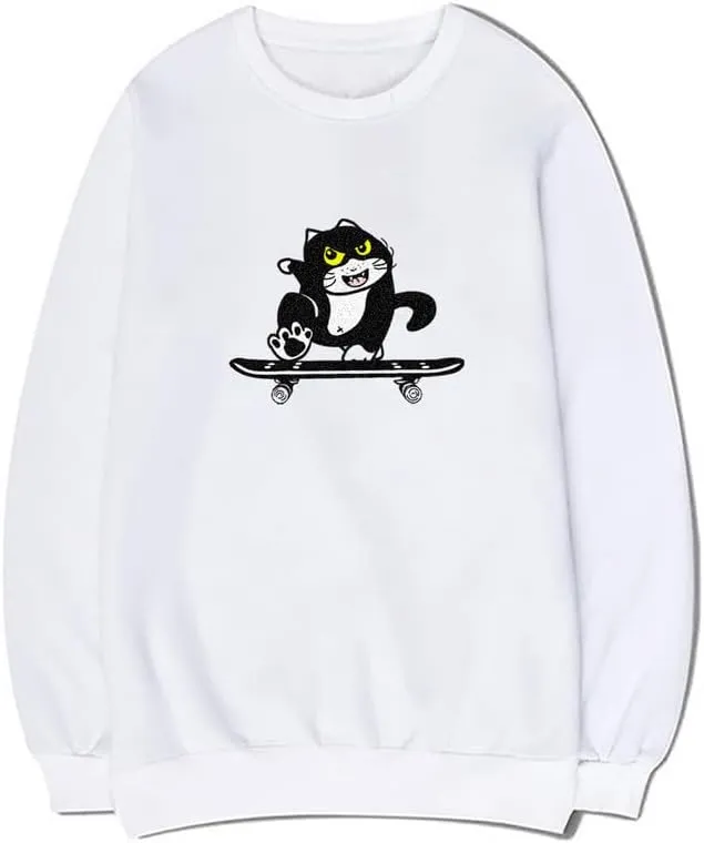 CORIRESHA Cute Cat Skateboard Crew Neck Long Sleeve Cotton Basic Pullover Sweatshirt