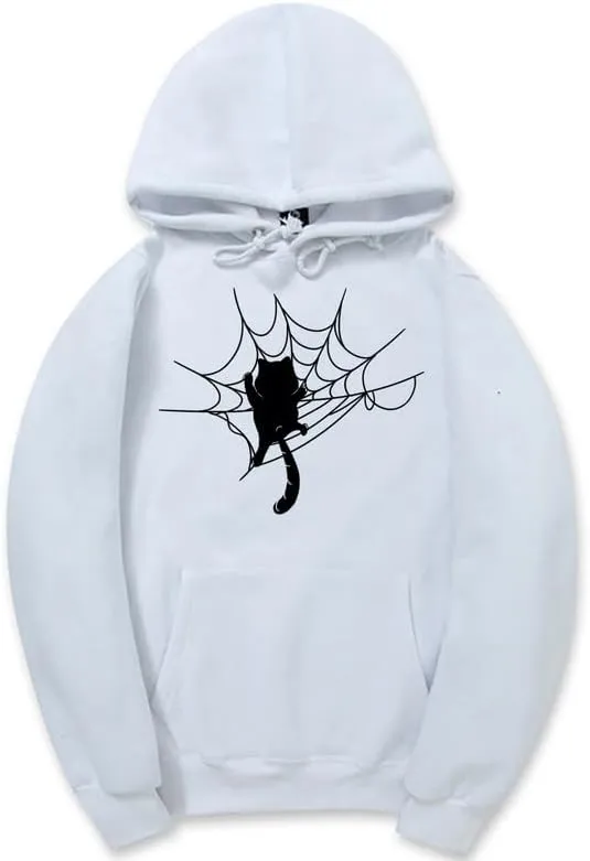 CORIRESHA Halloween Spider Web Hoodie Long Sleeve Drawstring Casual Cat Sweatshirt