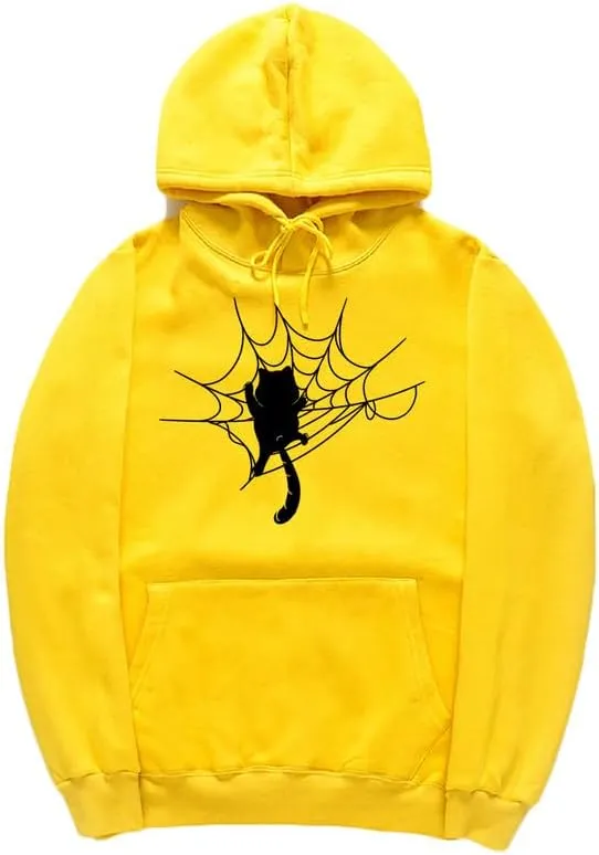 CORIRESHA Halloween Spider Web Hoodie Long Sleeve Drawstring Casual Cat Sweatshirt