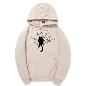 CORIRESHA Halloween Spider Web Hoodie Long Sleeve Drawstring Casual Cat Sweatshirt