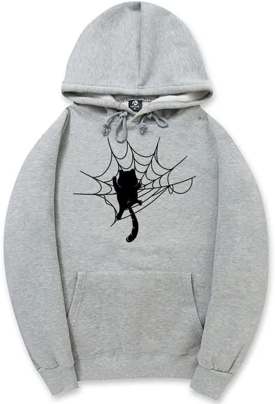 CORIRESHA Halloween Spider Web Hoodie Long Sleeve Drawstring Casual Cat Sweatshirt