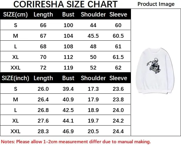 CORIRESHA Skateboard Skeleton Sweatshirt Crewneck Long Sleeve Gothic Y2k Aesthetic Pullover