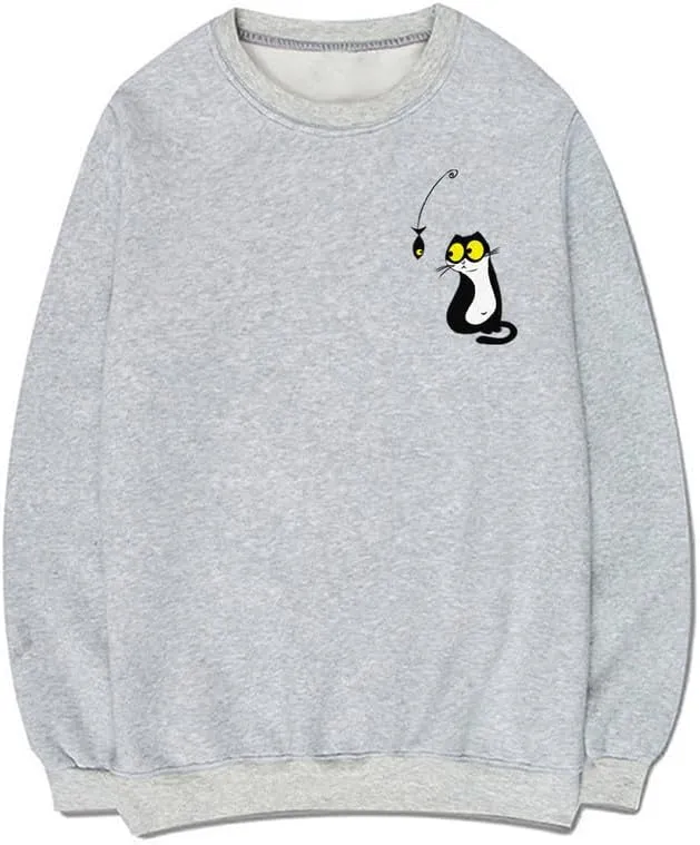 CORIRESHA Teen Cute Cat Crew Neck Long Sleeve Fishing Lovers Pullover Sweatshirt