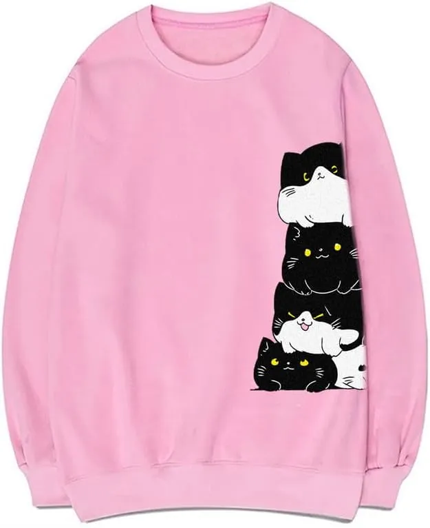 CORIRESHA Teen Cute Cat Crew Neck Long Sleeve Simple Cotton Pullover Sweatshirt