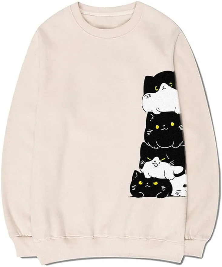 CORIRESHA Teen Cute Cat Crew Neck Long Sleeve Simple Cotton Pullover Sweatshirt