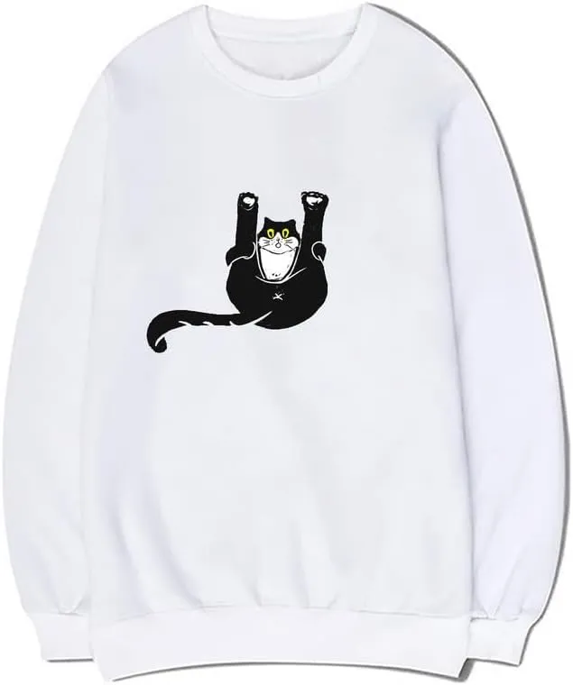 CORIRESHA Teen Funny Cat Sweatshirt Crewneck Long Sleeve Fall Cotton Pullover