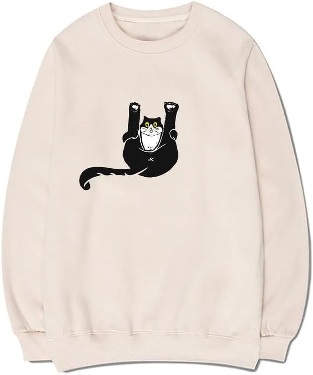 CORIRESHA Teen Funny Cat Sweatshirt Crewneck Long Sleeve Fall Cotton Pullover