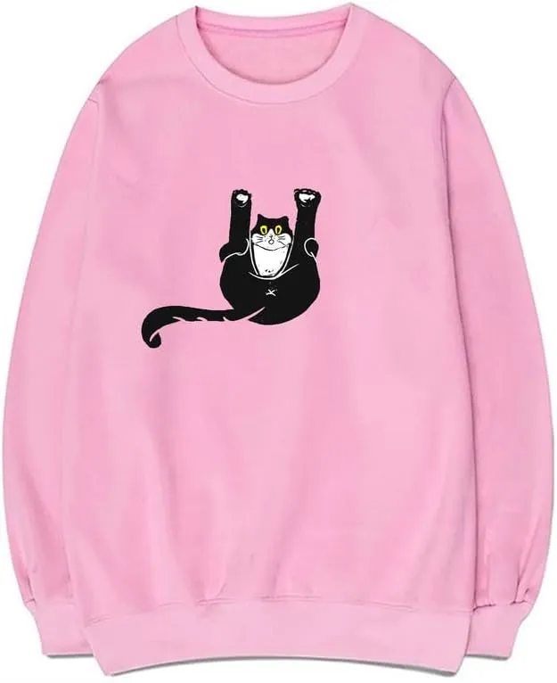 CORIRESHA Teen Funny Cat Sweatshirt Crewneck Long Sleeve Fall Cotton Pullover