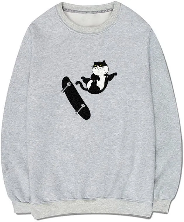 CORIRESHA Teens Cat Lovers Crewneck Long Sleeves Cotton Cute Skateboard Sweatshirts