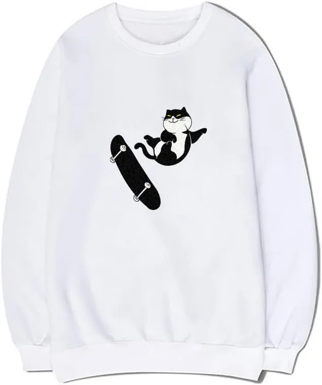 CORIRESHA Teens Cat Lovers Crewneck Long Sleeves Cotton Cute Skateboard Sweatshirts