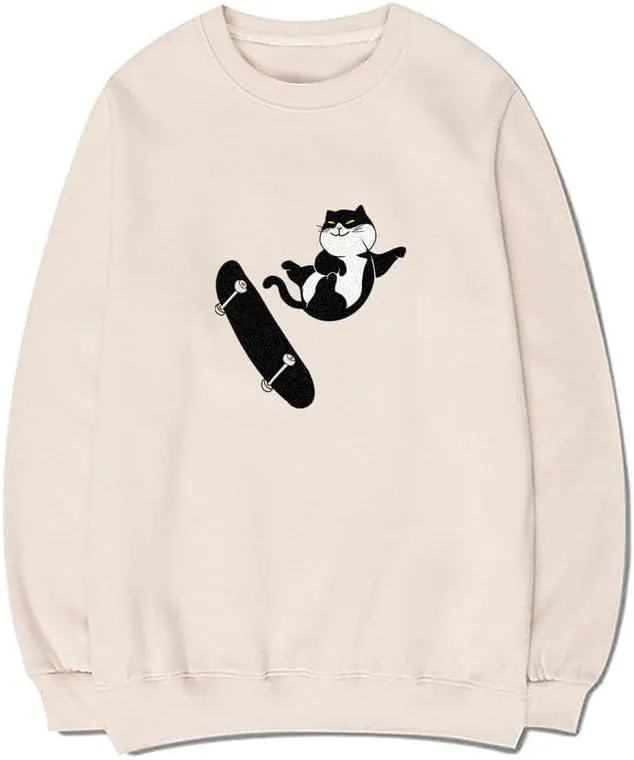 CORIRESHA Teens Cat Lovers Crewneck Long Sleeves Cotton Cute Skateboard Sweatshirts