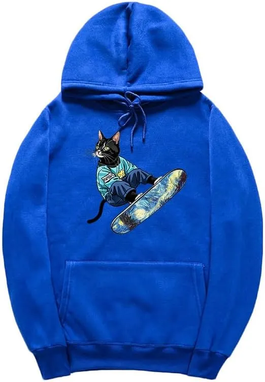 CORIRESHA Unisex Cute Cat Hoodie Casual Long Sleeve Drawstring Basic Skateboarding Sweatshirt