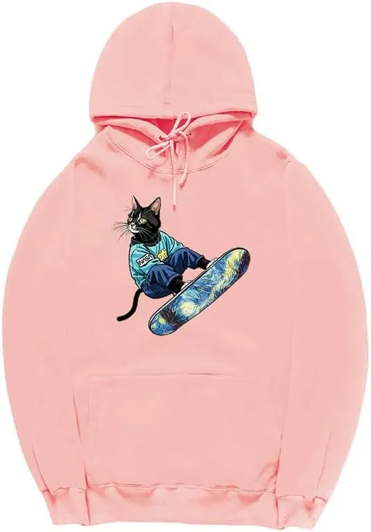 CORIRESHA Unisex Cute Cat Hoodie Casual Long Sleeve Drawstring Basic Skateboarding Sweatshirt