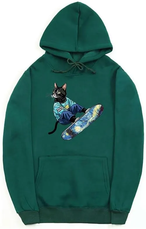 CORIRESHA Unisex Cute Cat Hoodie Casual Long Sleeve Drawstring Basic Skateboarding Sweatshirt