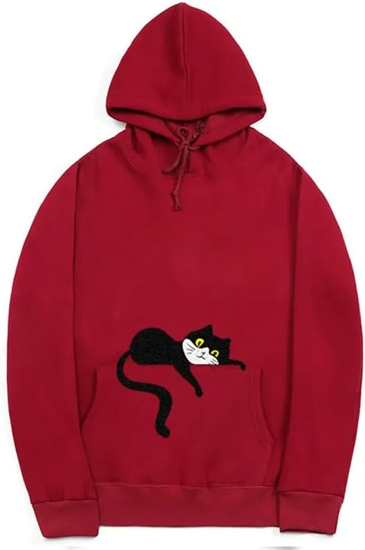 CORIRESHA Unisex Cute Lazy Cat Hoodie Long Sleeve Drawstring Pocket Cotton Sweatshirt