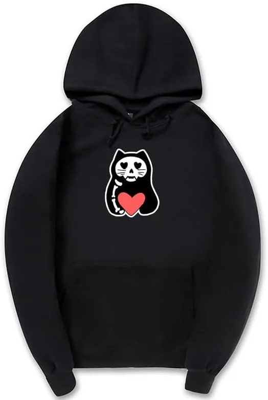 CORIRESHA Unisex Funny Cat Hoodie Long Sleeve Drawstring Pocket Heart Sweatshirt