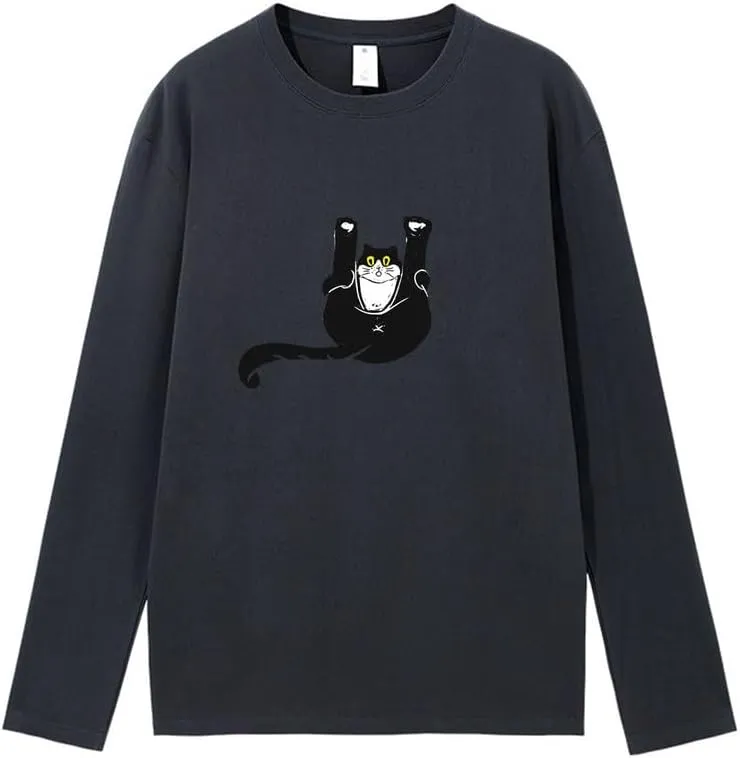 CORIRESHA Unisex Funny Cat Tops Crewneck Long Sleeves Fall Cotton Cute T-Shirts