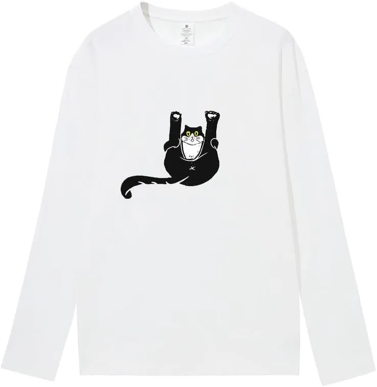 CORIRESHA Unisex Funny Cat Tops Crewneck Long Sleeves Fall Cotton Cute T-Shirts