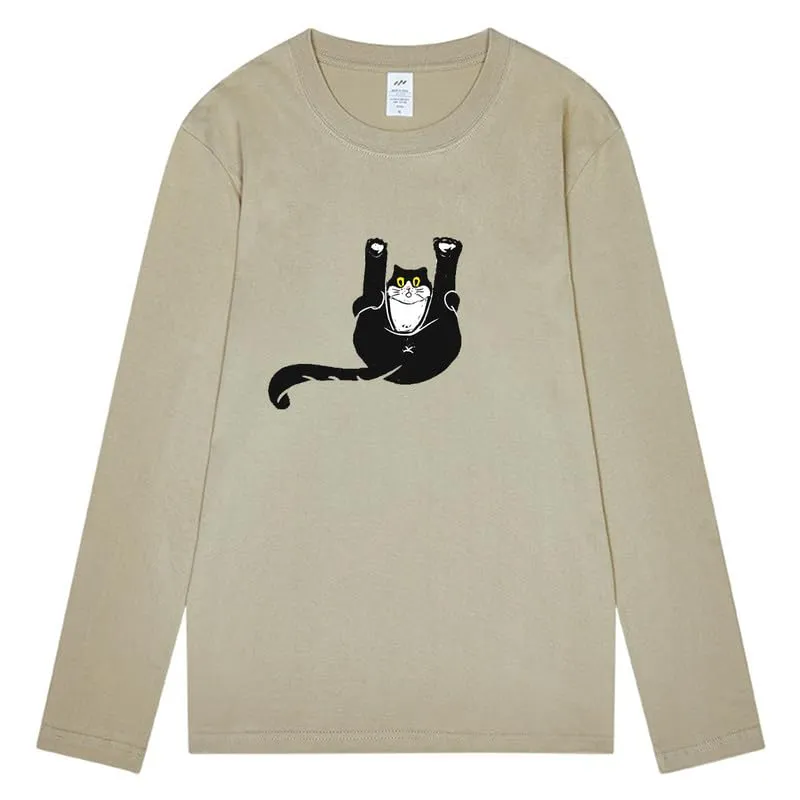 CORIRESHA Unisex Funny Cat Tops Crewneck Long Sleeves Fall Cotton Cute T-Shirts