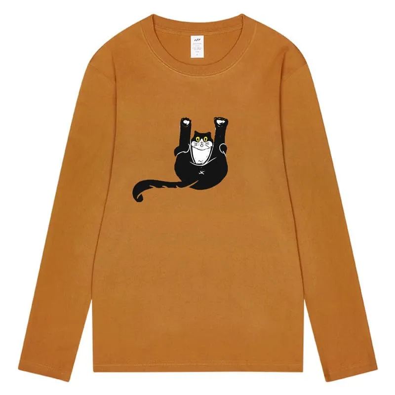 CORIRESHA Unisex Funny Cat Tops Crewneck Long Sleeves Fall Cotton Cute T-Shirts