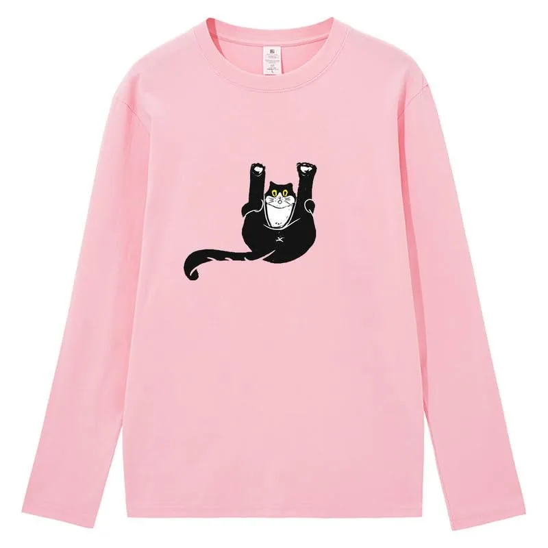 CORIRESHA Unisex Funny Cat Tops Crewneck Long Sleeves Fall Cotton Cute T-Shirts