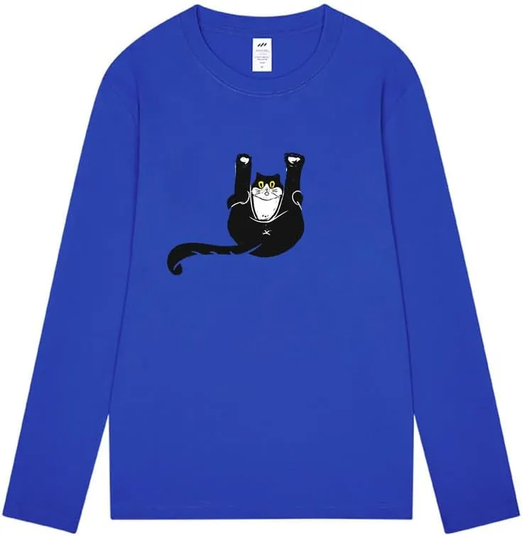 CORIRESHA Unisex Funny Cat Tops Crewneck Long Sleeves Fall Cotton Cute T-Shirts