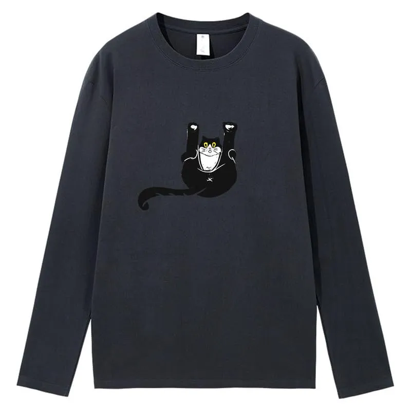 CORIRESHA Unisex Funny Cat Tops Crewneck Long Sleeves Fall Cotton Cute T-Shirts