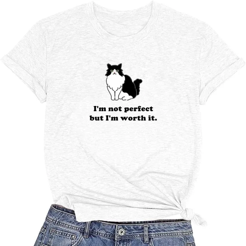 CORIRESHA Women's Cute Cat Crewneck Short Sleeve Casual Summer Letter T-Shirt