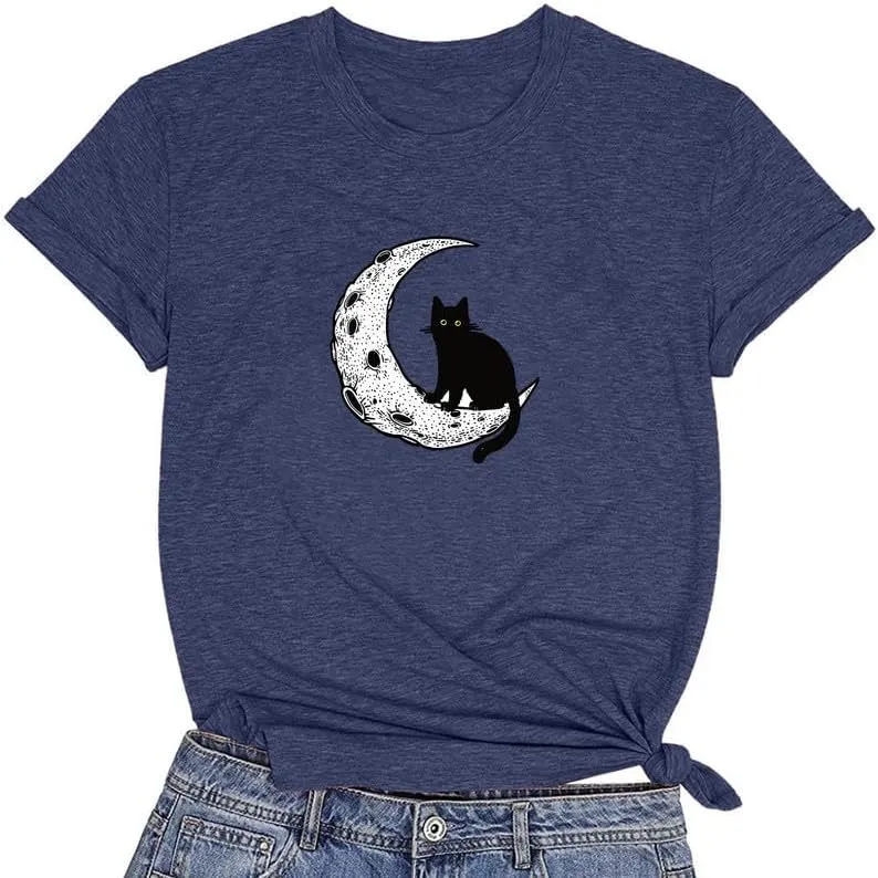 CORIRESHA Women's Moon Black Cat Crewneck Short Sleeve Casual Basic Cute T-Shirt