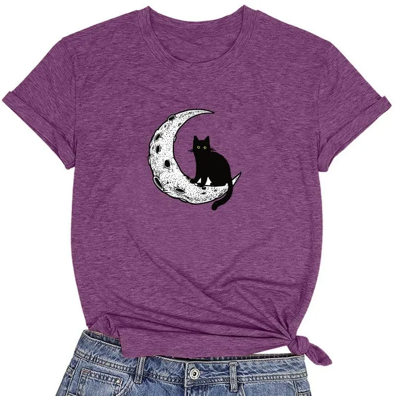 CORIRESHA Women's Moon Black Cat Crewneck Short Sleeve Casual Basic Cute T-Shirt