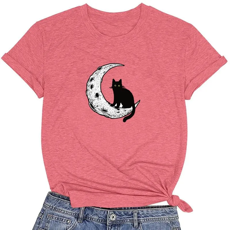 CORIRESHA Women's Moon Black Cat Crewneck Short Sleeve Casual Basic Cute T-Shirt