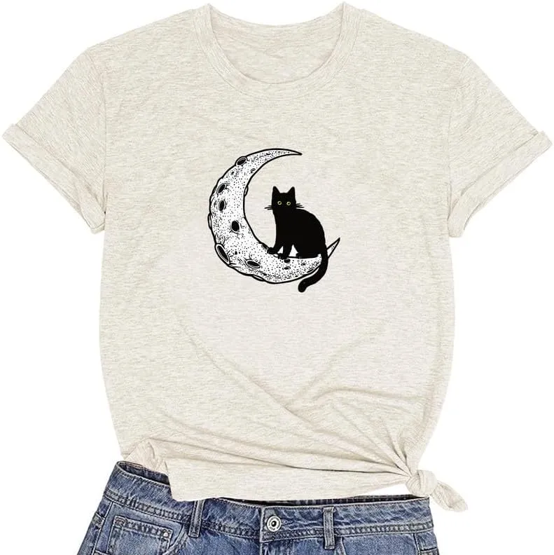 CORIRESHA Women's Moon Black Cat Crewneck Short Sleeve Casual Basic Cute T-Shirt