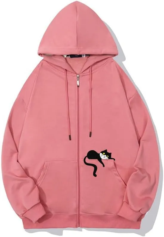 CORIRESHAUnisex Cute Lazy Cat Zip Hoodie Drawstring Fall Comfy Sweatshirt