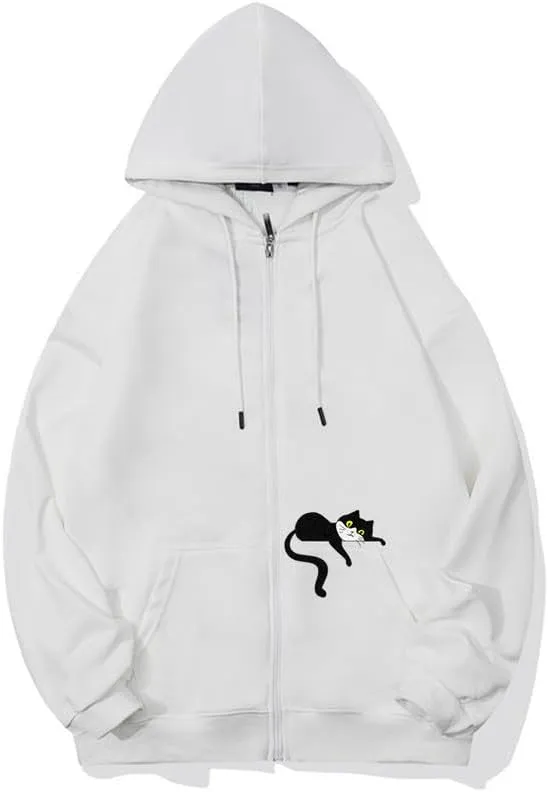 CORIRESHAUnisex Cute Lazy Cat Zip Hoodie Drawstring Fall Comfy Sweatshirt