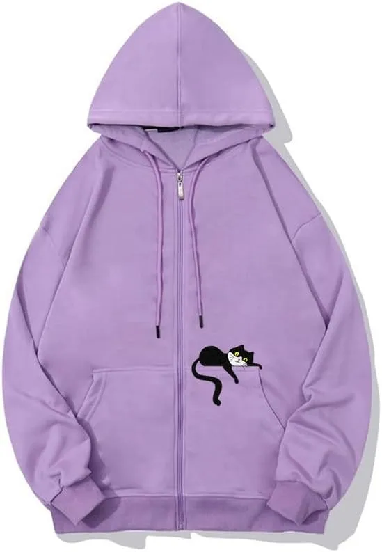 CORIRESHAUnisex Cute Lazy Cat Zip Hoodie Drawstring Fall Comfy Sweatshirt