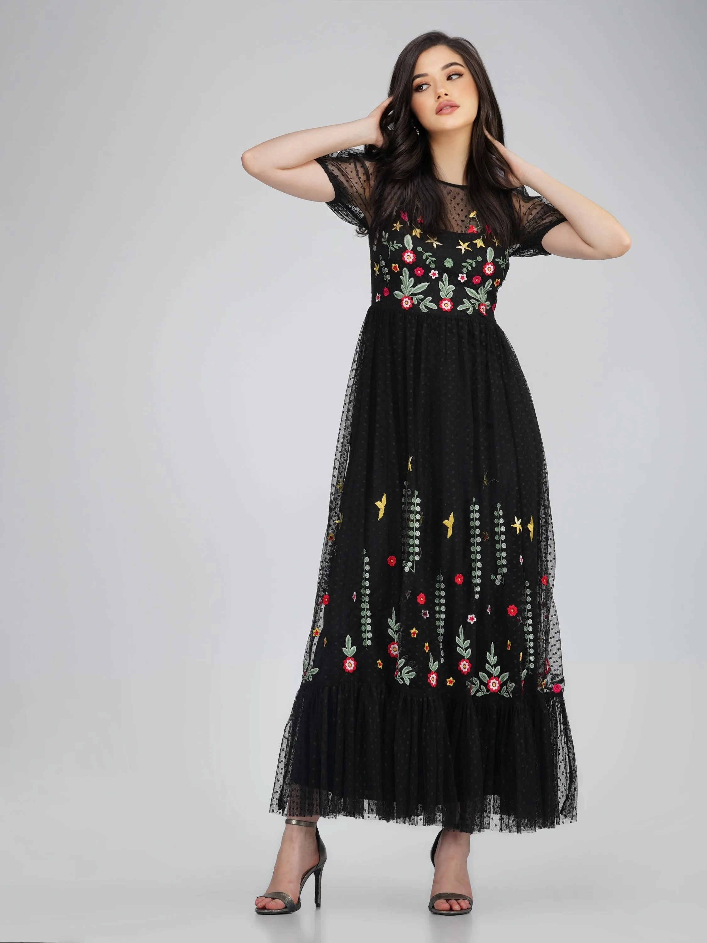 Dahlia Black Embroidered Dress