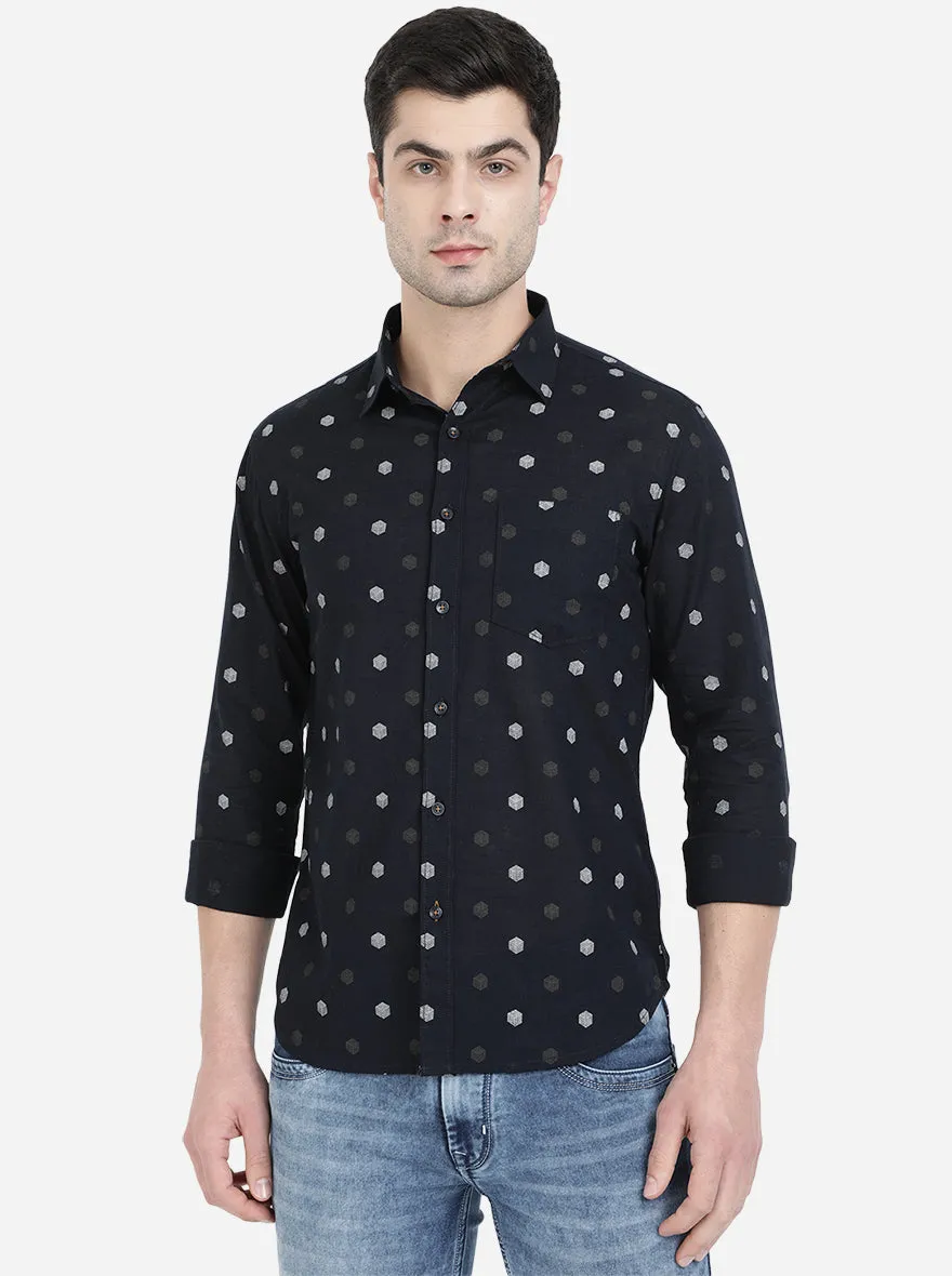 Dark Blue Printed Slim Fit Semi Casual Shirt | Greenfibre