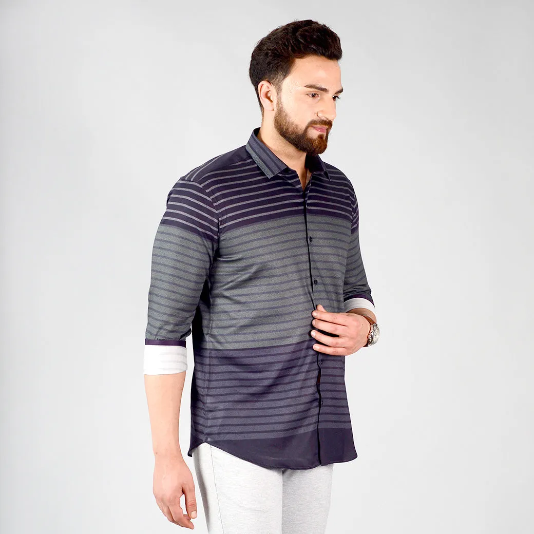 Dark Grey & Green Striped Slim Fit Party Wear Shirt | JB Studio