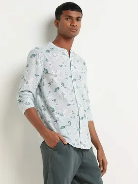 ETA Light Teal Floral Printed Cotton Resort Fit Shirt