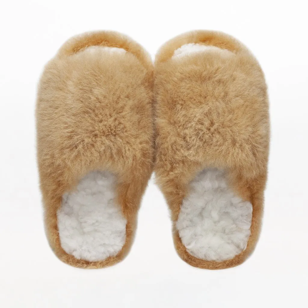 ETHICALLY AND CRUELTY FREE ALPACA FUR SLIPPERS IN GINGER HONEY