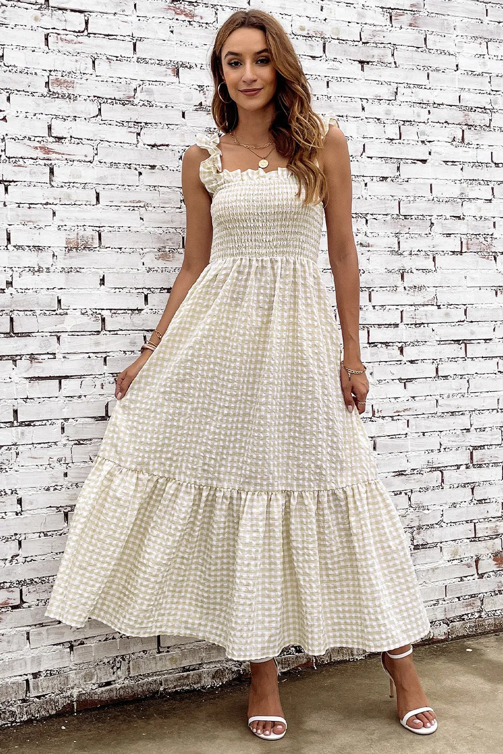 Farmhouse Chic Plaid Ruffle Strap Tiered Maxi Summer Dress