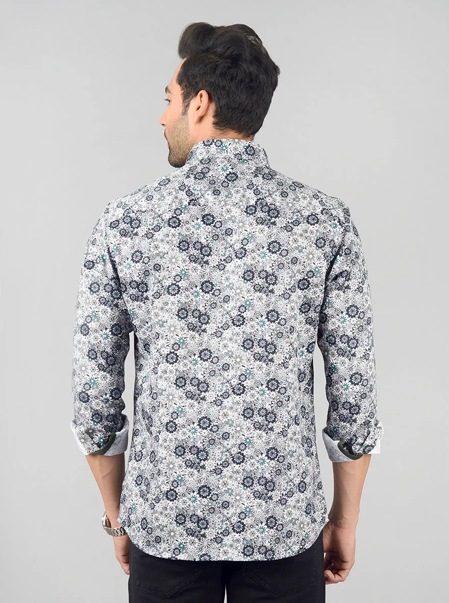 Grey & Blue Printed Slim Fit Party Wear Shirt | Wyre