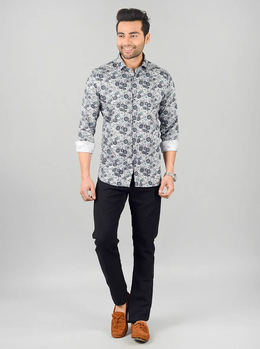 Grey & Blue Printed Slim Fit Party Wear Shirt | Wyre