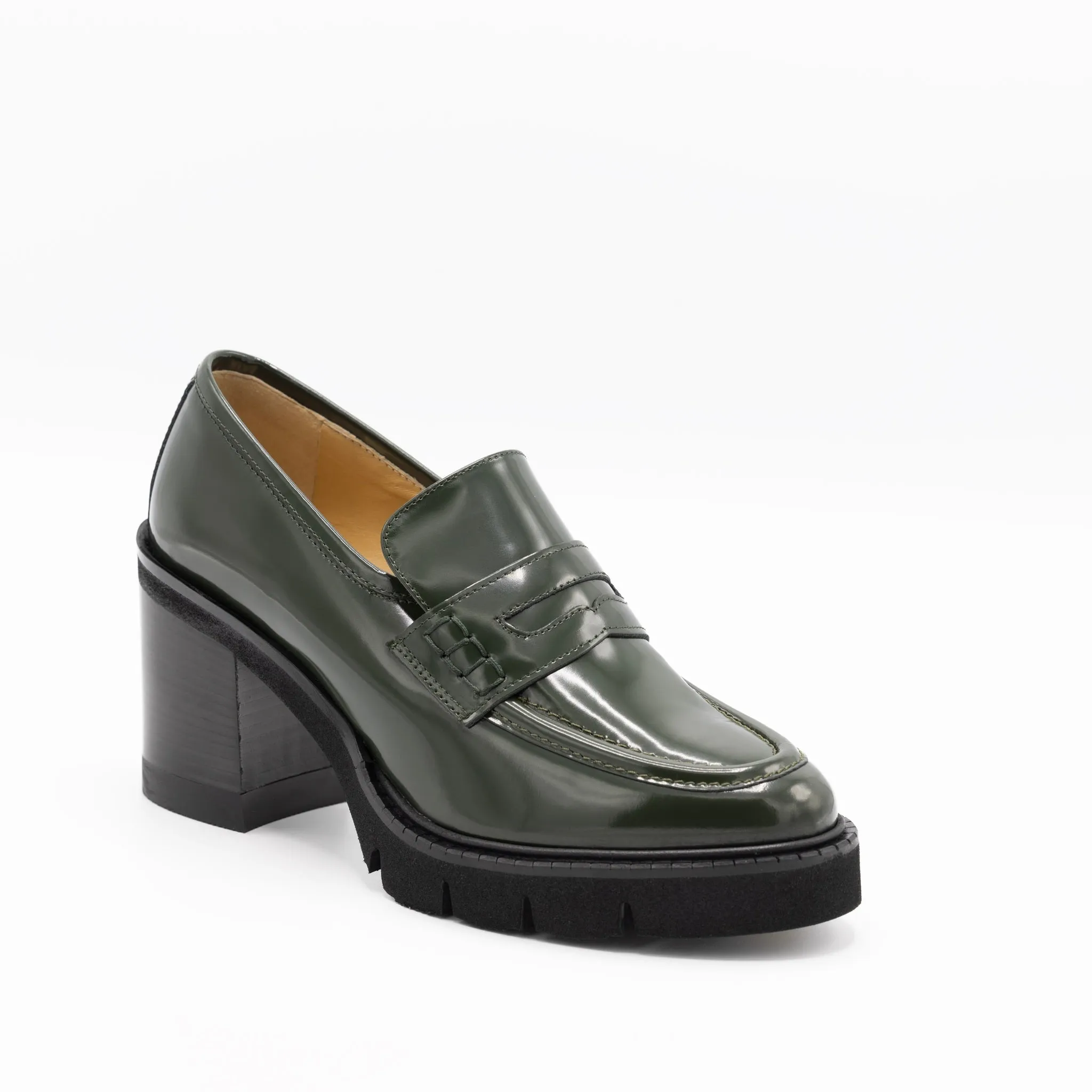 Heeled Loafers in Green Patent