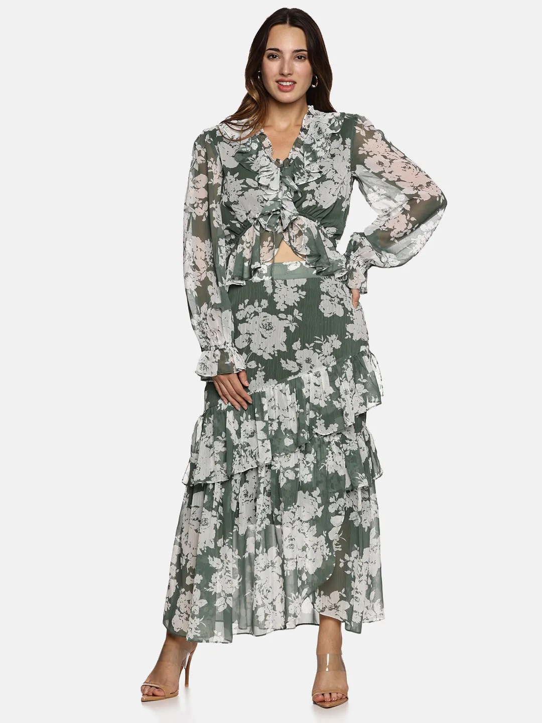 IS.U Floral Green Skirt and Top Co-ord set