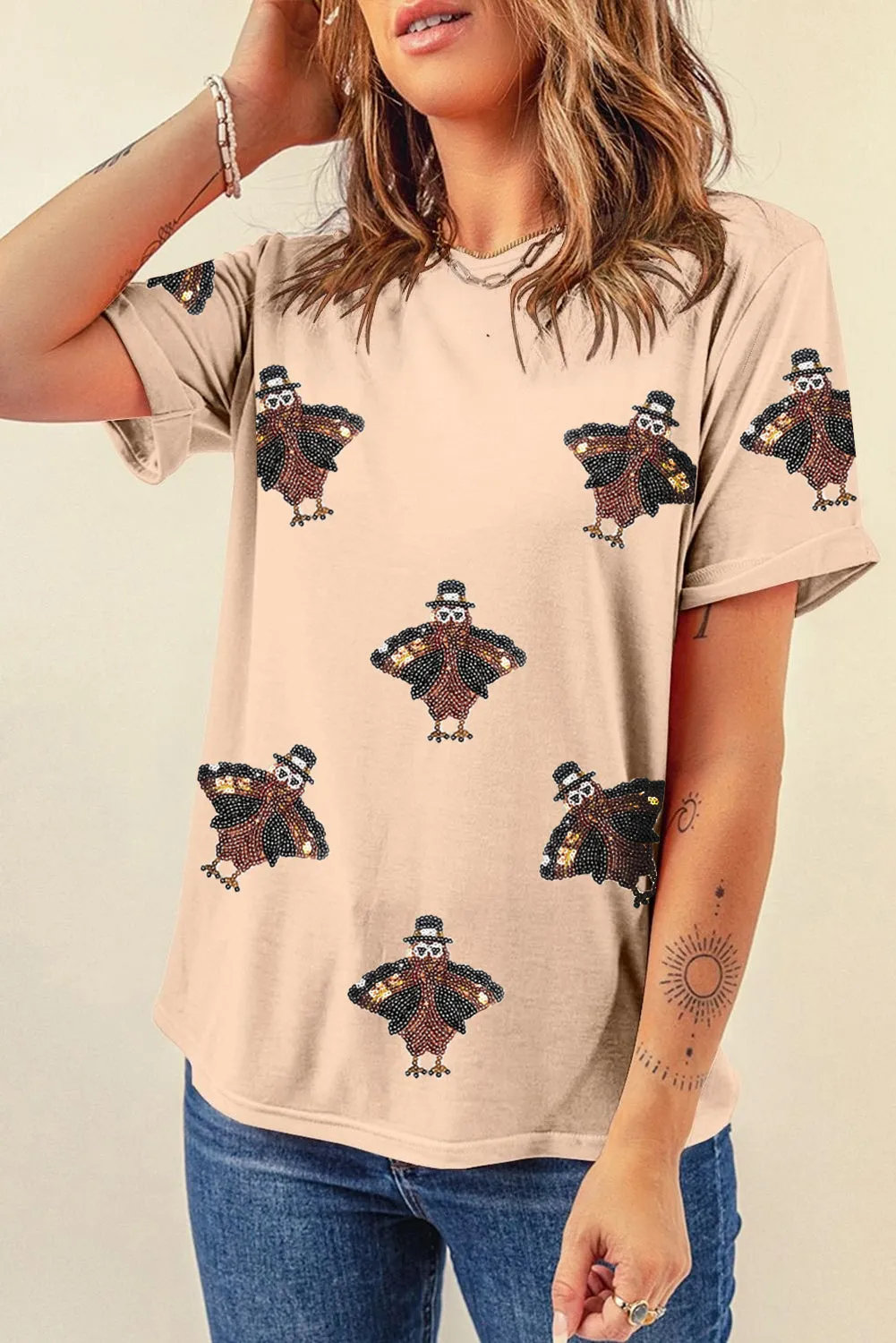 Khaki Sequined Turkey Patched Pattern Crewneck Thanksgiving T Shirt