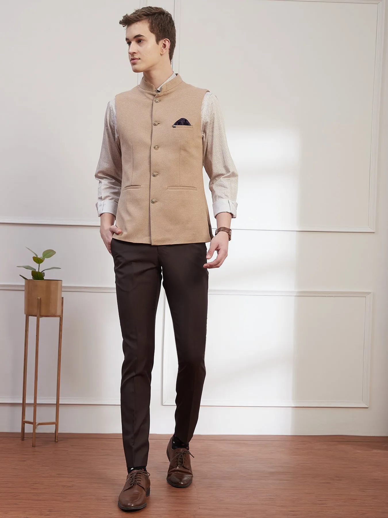 Knitted Terry Rayon Khaki Dobby Slim Fit Sleeve Less Ceremonial Nehru Jacket